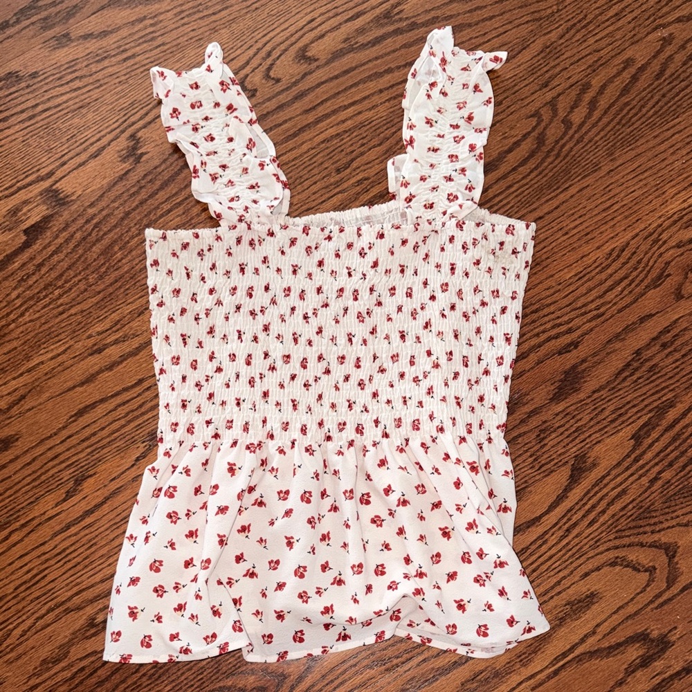 Amazon Essentials White and Red Floral Smocked Blouse